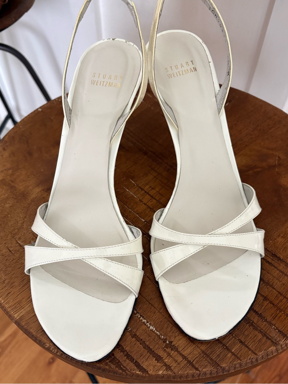 Stuart Weitzman White Leather Crisscross Slingback Heels